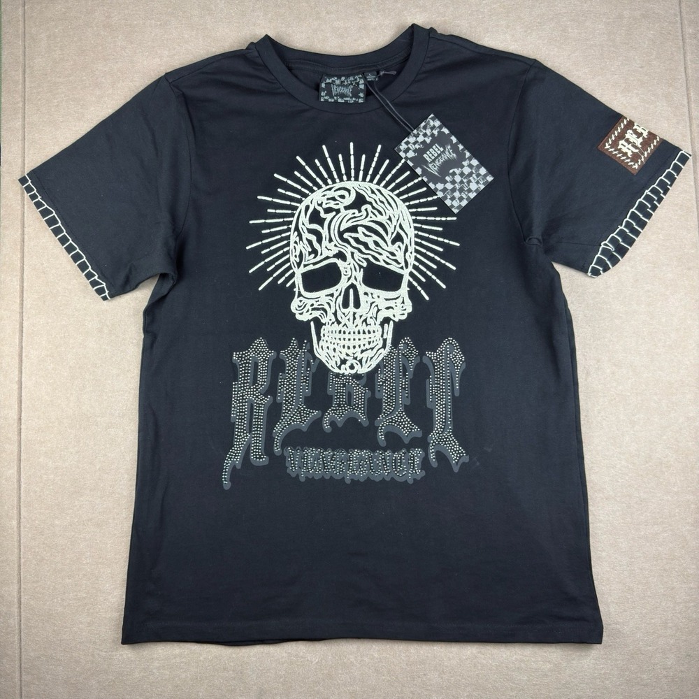 Rebel Vengeance Shirt Men L Black Skull Studded Tee Gothic Punk Rock Embroidered